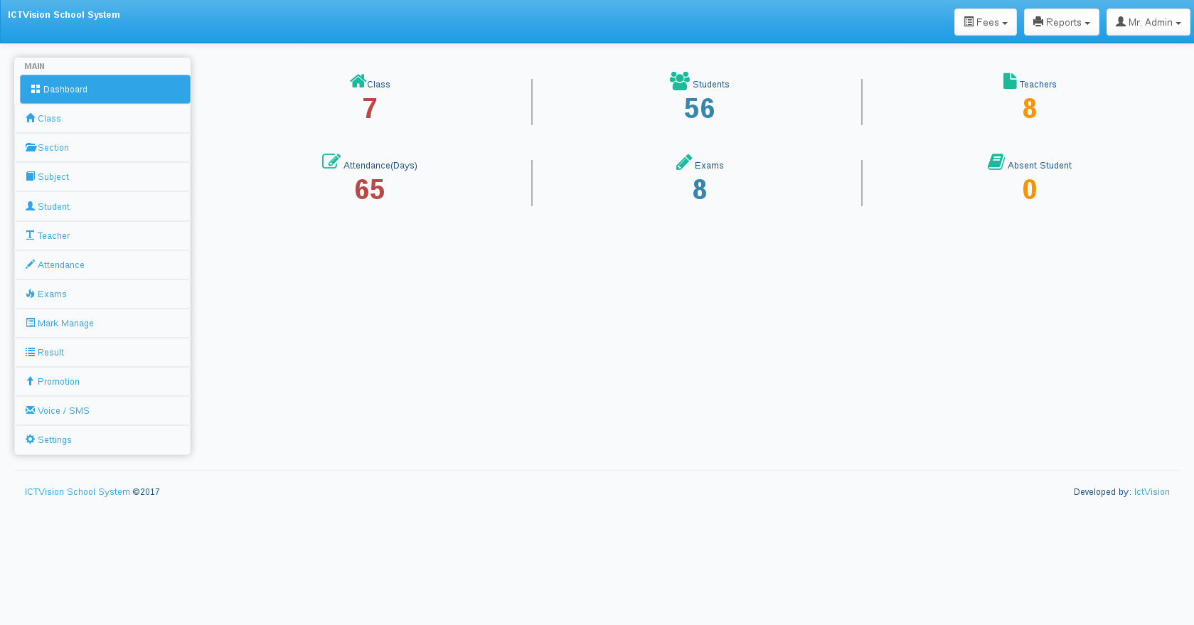 ICTSchool dashboard ICTSchool admin dashboard showing classes, students, teachers, attendance and exams